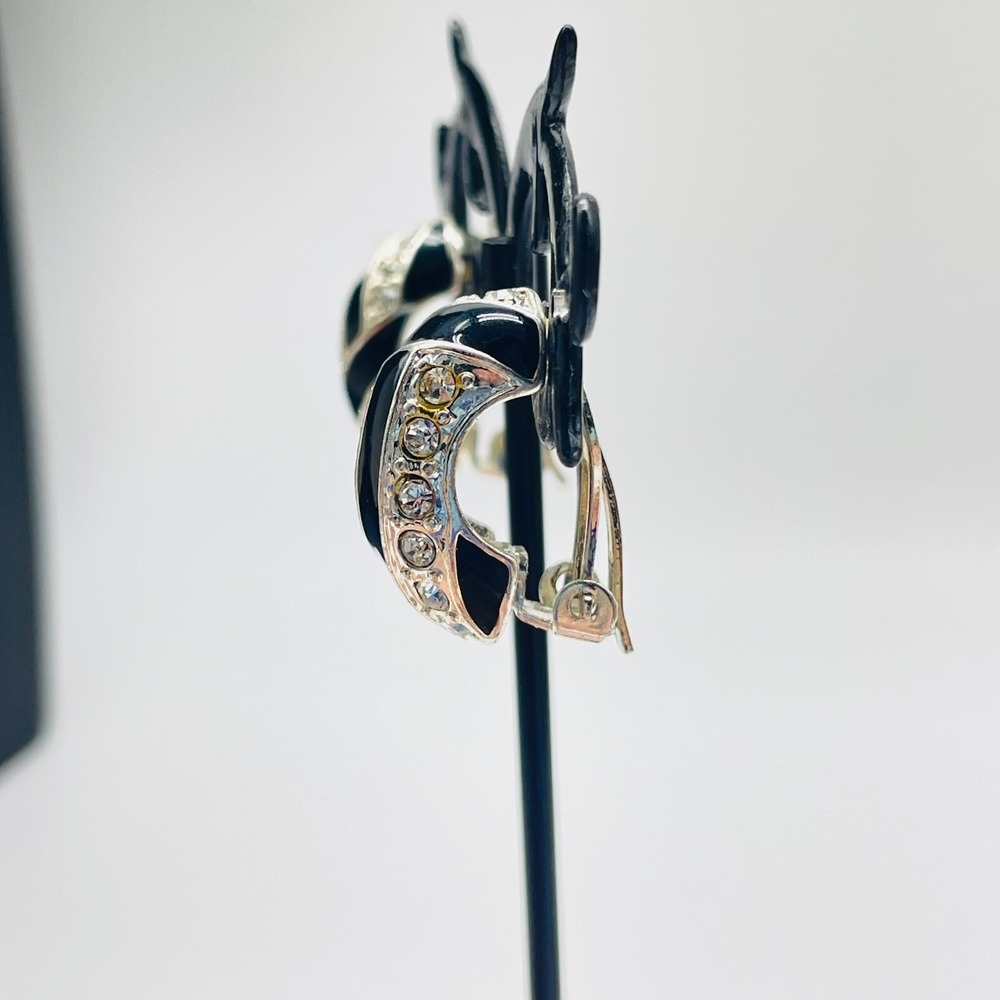 Vintage Rhinestone Clip On Earrings Black Enamel Silver Tone Statement Retro - Picture 6 of 11